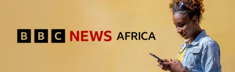 To the right of the banner a woman with sunglasses on her head and wearing a denim jacket and yellow T-shirt looks down at her mobile phone. A graphic for BBC News Africa in black and red is on the left of the image which has a pale golden brown background.
