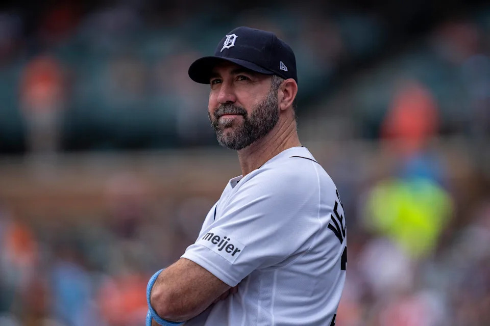 Detroit Tigers pitcher Justin Verlander watches from the dugout during a game against the Chicago White Sox at Comerica Park in Detroit on Sunday, June 21, 2026.© David Rodriguez-Munoz / USA TODAY NETWORK via Imagn Images.
