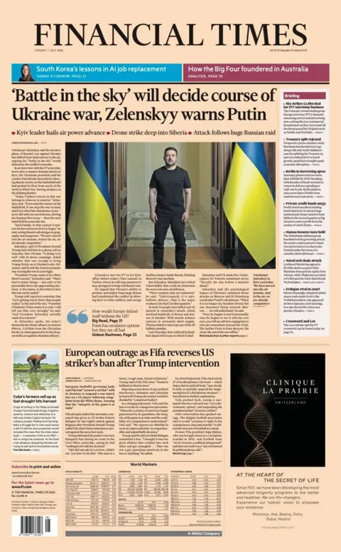 The headline on the front page of the Financial Times reads: '"Battle in the sky" will decide course of Ukraine war, Zelenskyy warns Putin.'