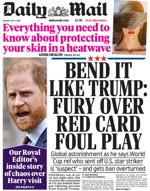 The headline on the front page of the Daily Mail reads: 'Bend it like Trump: Fury over red card foul play.'