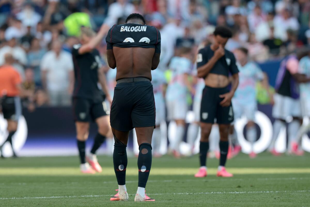 U.S. forward Folarin Balogun reacts after a goal by Belgium.
