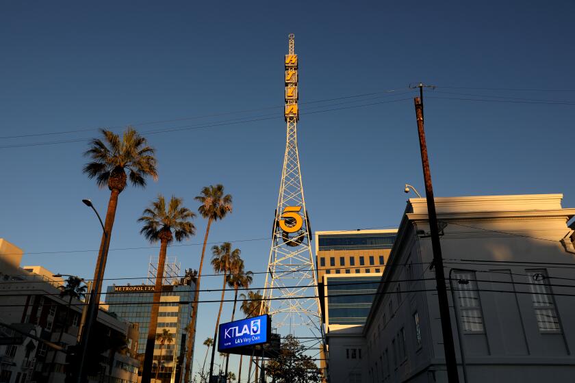 LOS ANGELES, CA - FEBRUARY 07: KTLA Channel 5 transmission tower, at Sunset and Bronson, on Monday, Feb. 7, 2022 in Los Angeles, CA. The 75th anniversary of KTLA, Los Angeles' original television station. (Gary Coronado / Los Angeles Times)
