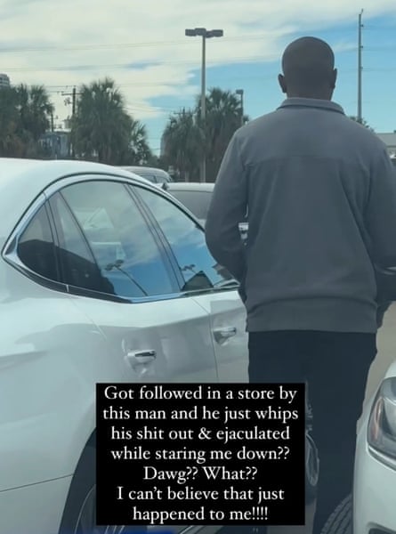 The back of a man in a parking lot with the caption: ‘Got followed in a store by this man and he just whips his shit out & ejaculated while staring me down??’