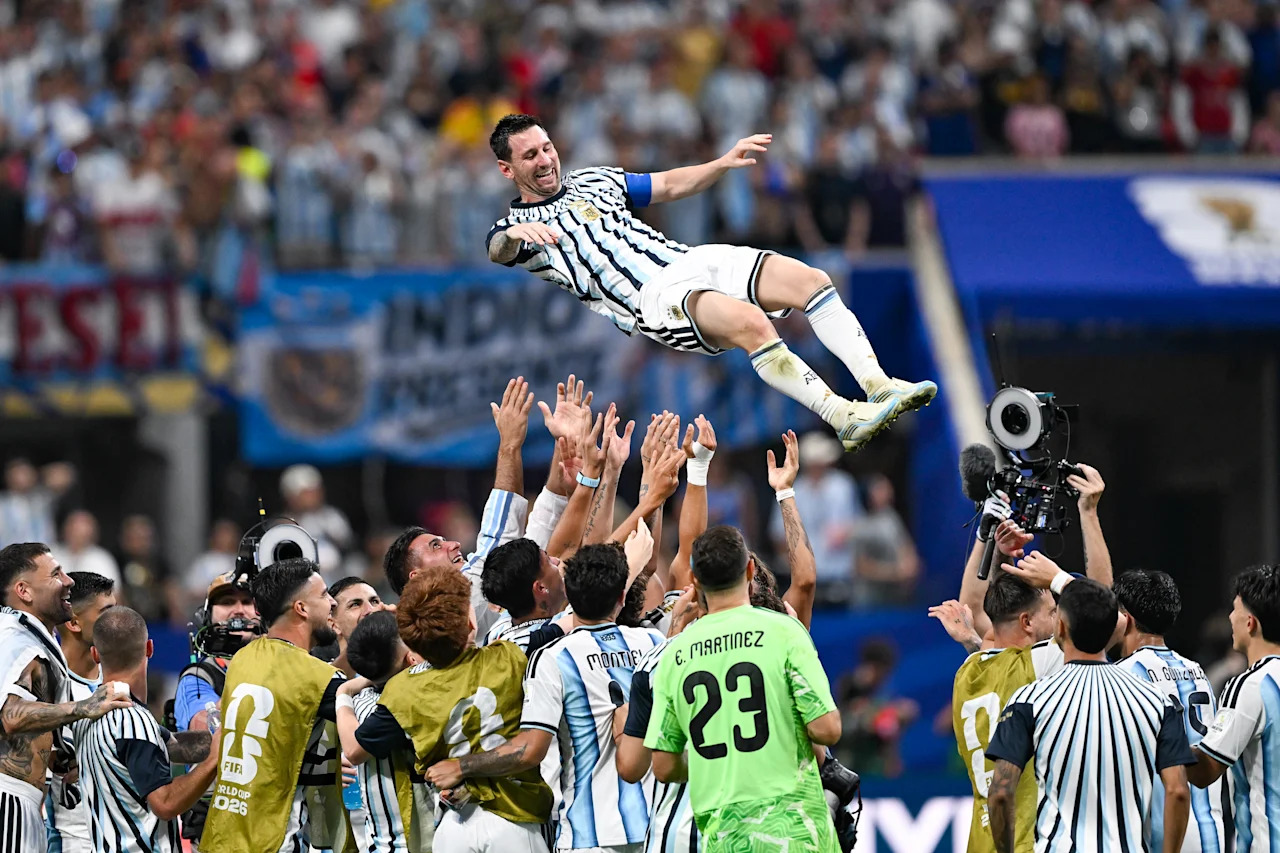 ATLANTA, GA - JULY 07:  Argentina players throw Lionel Messi #10 into the air following the conclusion of the FIFA World Cup 2026 Round of 16 match between Argentina and Egypt on July 7th, 2026 at Atlanta Stadium in Atlanta, GA. (Photo by Rich von Biberstein/Icon Sportswire via Getty Images)