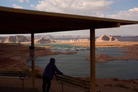 An overlook near the Wahweap Marina on Lake Powell in July 2026. The reservoir is nearing a record low level.