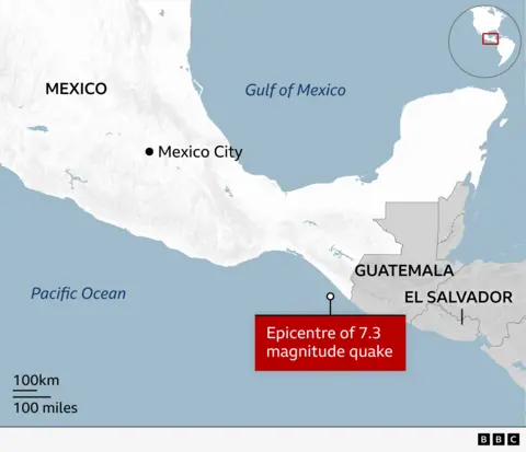 Map showing the location of the earthquake off the coast in Mexico