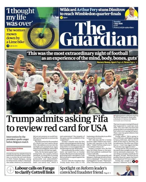 The headline on the front page of the Guardian reads: 'Trump admits asking Fifa to review red card for USA.'