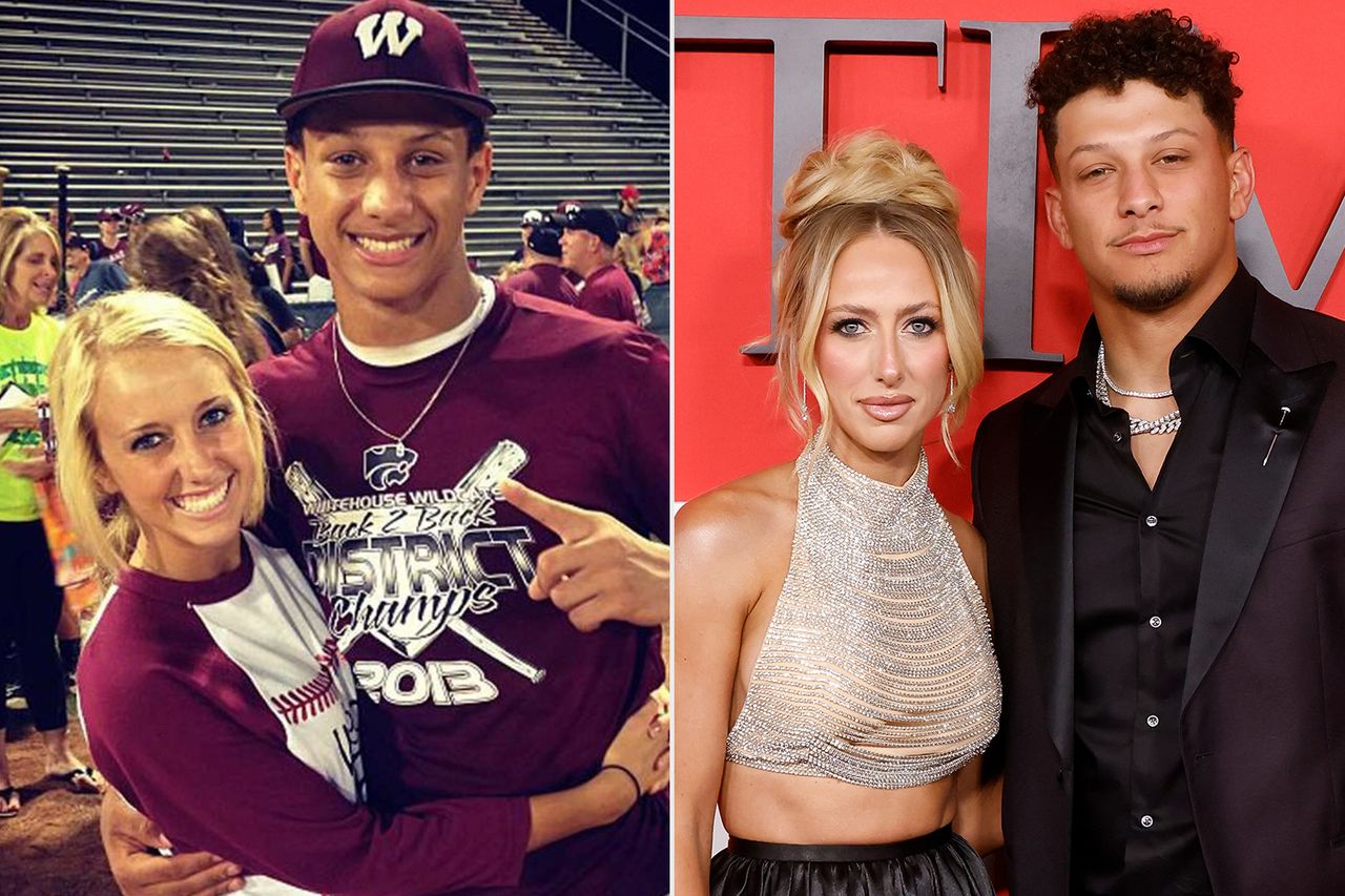 Brittany and Patrick Mahomes in high school; Brittany Mahomes and Patrick Mahomes on April 25, 2024 in New York City.Credit: Patrick Mahomes/Instagram; Taylor Hill/FilmMagic