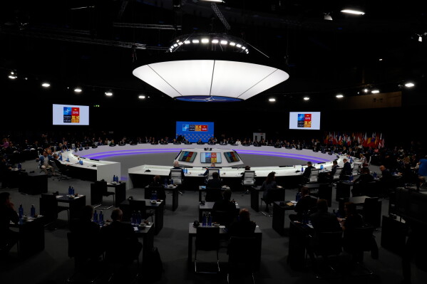A general view of the Meeting of the North Atlantic Council Session with fellow heads of state at the NATO summit at the IFEMA arena in Madrid, on June 30, 2022. (Jonathan Ernst/Pool Photo via AP, File)