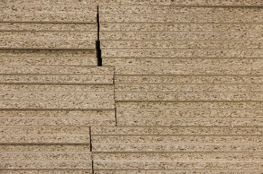 Close up showing rows of particle board at Inno Line, a 538,000-square-foot production facility in Klaipėda, Lithuania.