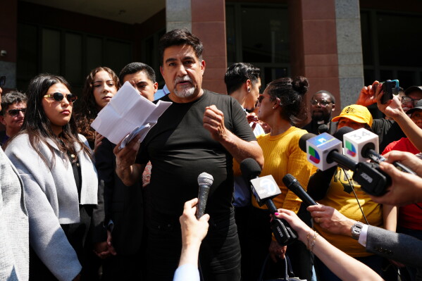 David Huerta, the president of the Service Employees International Union California who was arrested during an immigration raid, speaks after he was released on a bond in downtown Los Angeles on June 9, 2025. (AP Photo/Damian Dovarganes, File)
