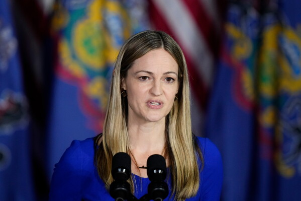Scranton Mayor Paige Cognetti speaks during a President Joe Biden campaign event in Scranton, Pa., April 16, 2024. (AP Photo/Matt Rourke, File)
