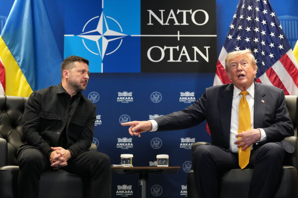 U.S. President Donald Trump meets with Ukraine's President Volodymyr Zelenskyy on the sidelines of the NATO summit in Ankara, Turkey, Wednesday, July 8, 2026. (AP Photo/Alex Brandon)