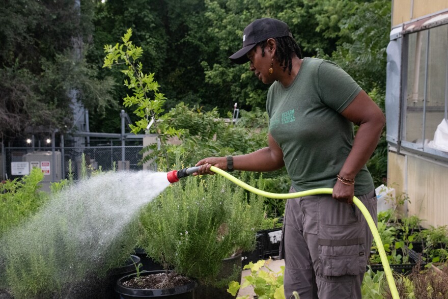 DeLinda Kenney waters herbs at the KC Farm School at Gibbs Road.