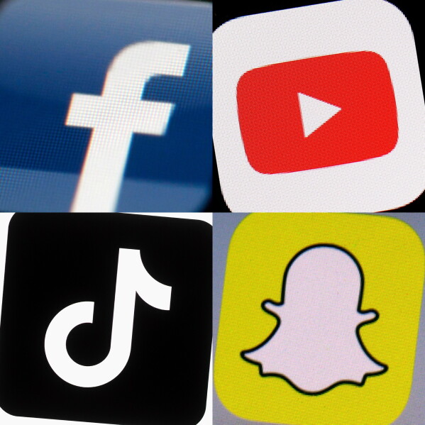 This combination of 2017-2022 photos shows the logos of Facebook, YouTube, TikTok and Snapchat on mobile devices. On Friday, Jan. 6, 2023, Seattle Public Schools filed a lawsuit in U.S. District Court, suing the tech giants behind TikTok, Instagram, Facebook, YouTube and Snapchat, seeking to hold them accountable for the mental health crisis among youth. (AP Photo, File)