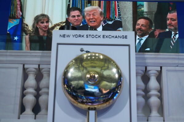 After ringing the opening bell from the White House, United States President Donald Trump is seen on a screen on the floor of the New York Stock Exchange, in New York, Monday, July 6, 2026. (AP Photo/Seth Wenig)