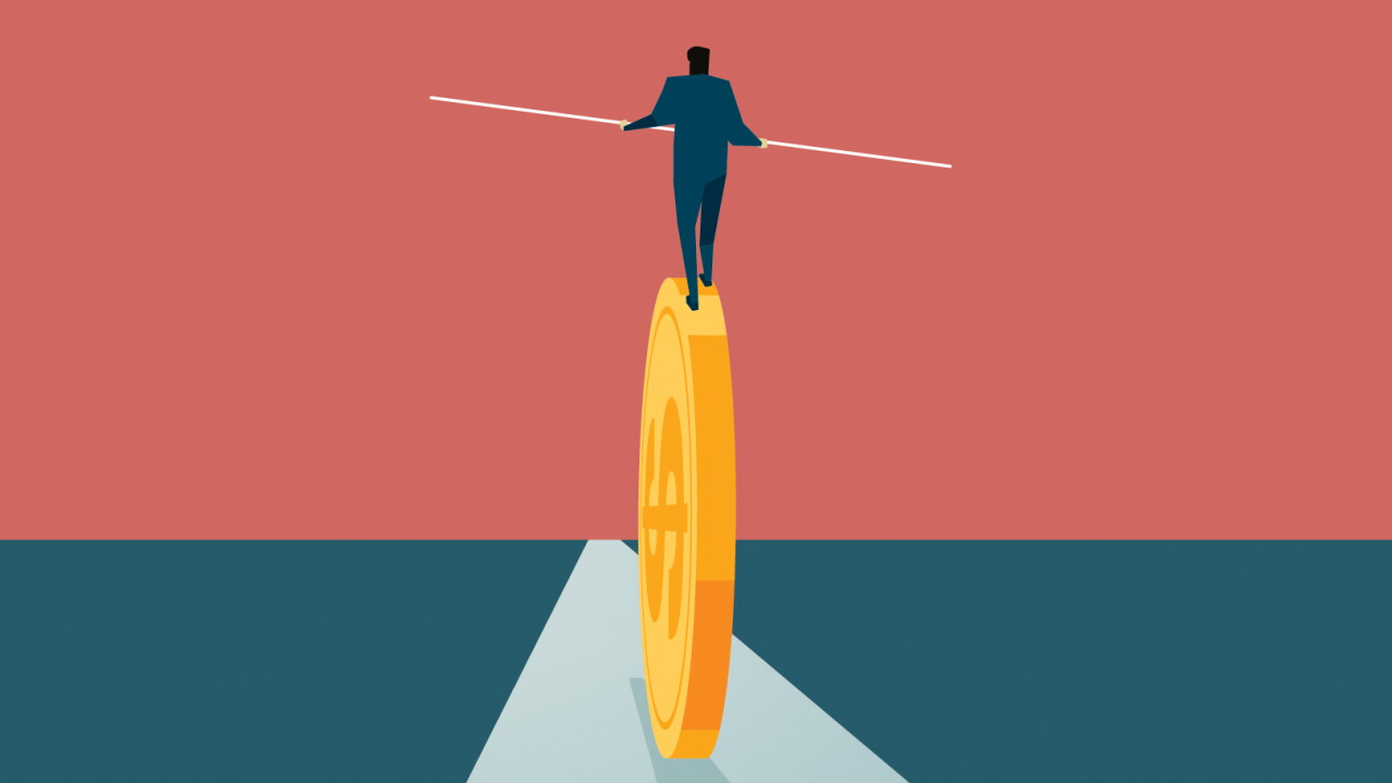 Private equity concept - single person rolling a giant coin