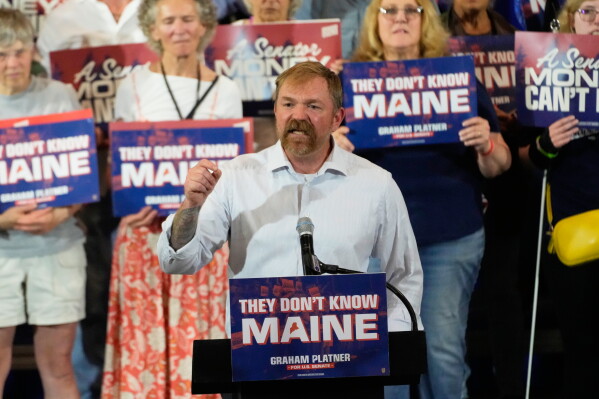 Democratic U.S. Senate candidate Graham Platner speaks during a primary election night watch party after winning the Democratic nomination Tuesday, June 9, 2026, in Blue Hill, Maine. (AP Photo/Robert F. Bukaty)