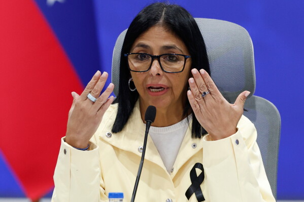 Venezuela's acting President Delcy Rodríguez speaks during a press conference addressing the government's response to the back-to-back earthquakes in Caracas, Venezuela, Thursday, July 2, 2026. (AP Photo/Pedro Mattey)