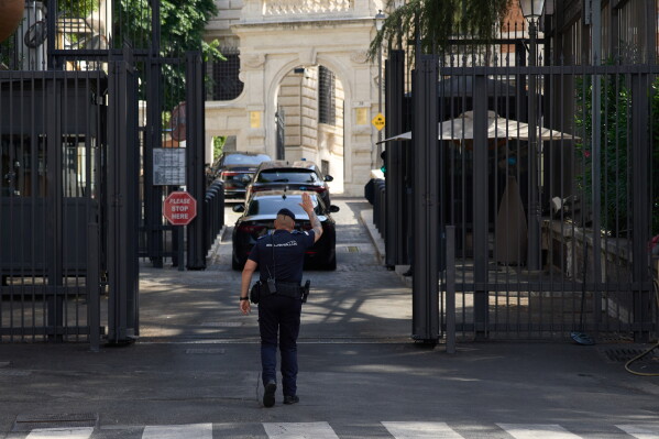A motorcade arrives at the United States' Embassy in Rome, Italy, where ambassadors-level talks between Israel and Lebanon are expected to take place, Tuesday, July 14, 2026. (AP Photo/Alessandra Tarantino)