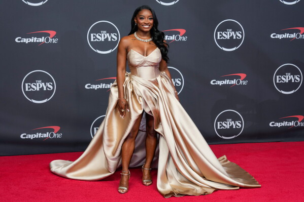 Simone Biles arrives at the ESPY Awards at Lincoln Center on Wednesday, July 15, 2026, in New York. (AP Photo/Yuki Iwamura)