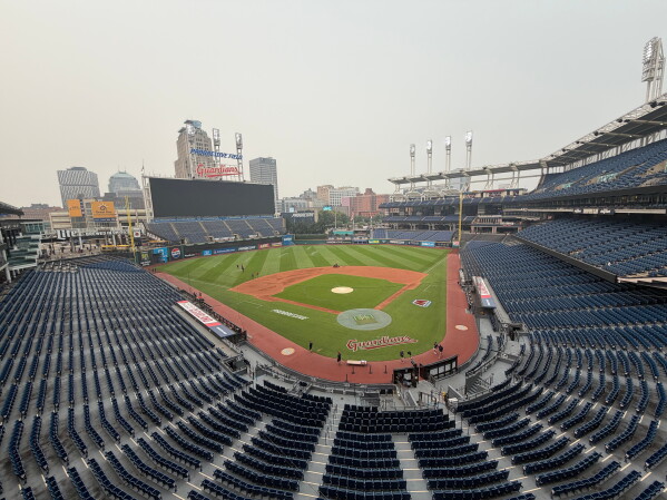A view from the press box level at Progressive Field in Cleveland, Ohio, Friday, July 17, 2026, after the game between the Pittsburgh Pirates and Cleveland Guardians was postponed due to air quality concerns because of wildfire smoke from Canada and northern Minnesota. (AP Photo/Joe Reedy)