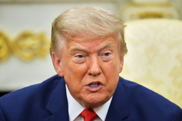 President Donald Trump speaks during a meeting with Lebanese President Joseph Aoun in the Oval Office at the White House, Tuesday, July 21, 2026, in Washington. (AP Photo/Mark Schiefelbein)
