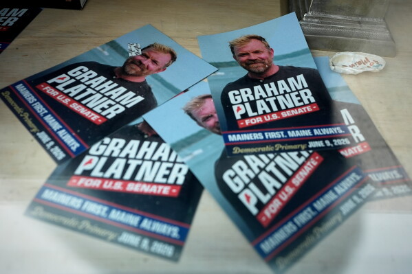 Campaign flyers for former Democratic candidate for U.S. Senate Graham Platner are seen at his headquarters Thursday, July 9, 2026, in Ellsworth, Maine. (AP Photo/Robert F. Bukaty)