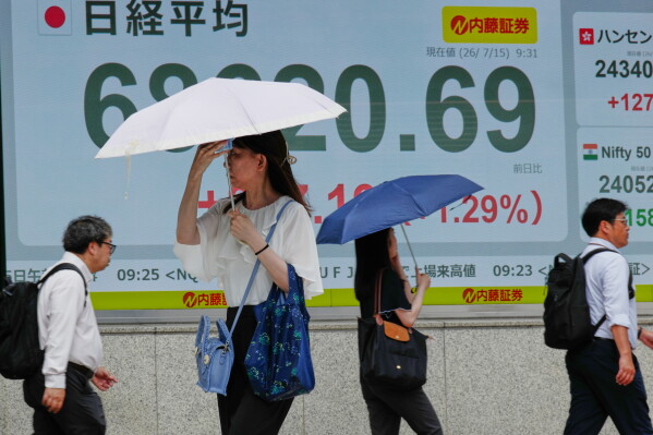 People walk in front of an electronic stock board showing Japan's Nikkei 225 index at a securities firm Wednesday, July 15, 2026, in Tokyo. (AP Photo/Eugene Hoshiko)