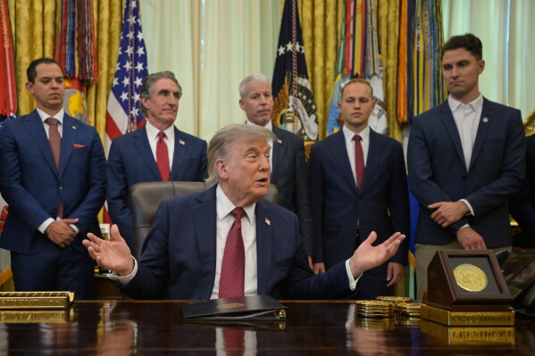 President Donald Trump speaks in the Oval Office of the White House, Friday, July 24, 2026, in Washington. (AP Photo/Rod Lamkey, Jr.)