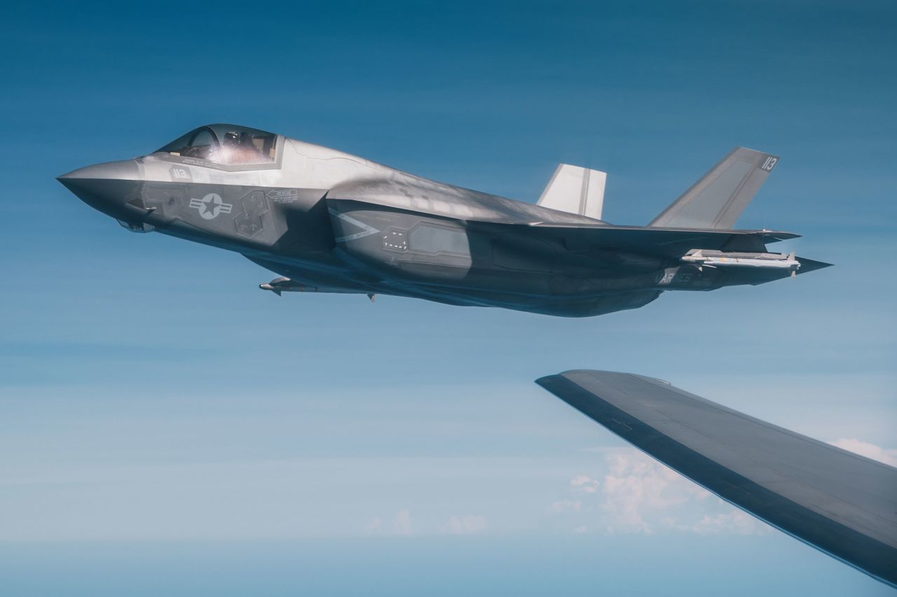 A US Marine Corps F-35B Lightning II aircraft conducts routine flying operations on October 28, 2025.