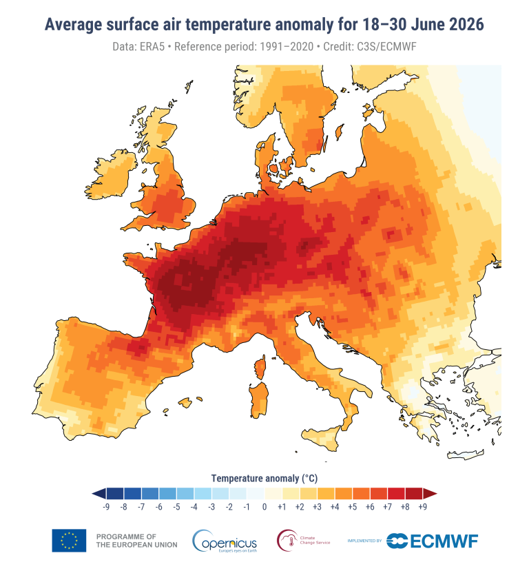 Map of Europe showing surface air temperature anomalies from June 18–30, 2026, with most regions experiencing higher-than-average temperatures, especially in central and eastern Europe.