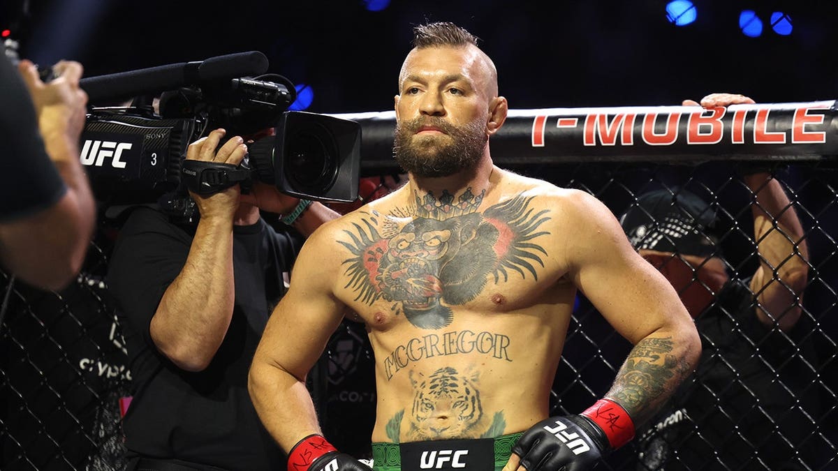 Conor McGregor walks out at T-Mobile Arena in Las Vegas.