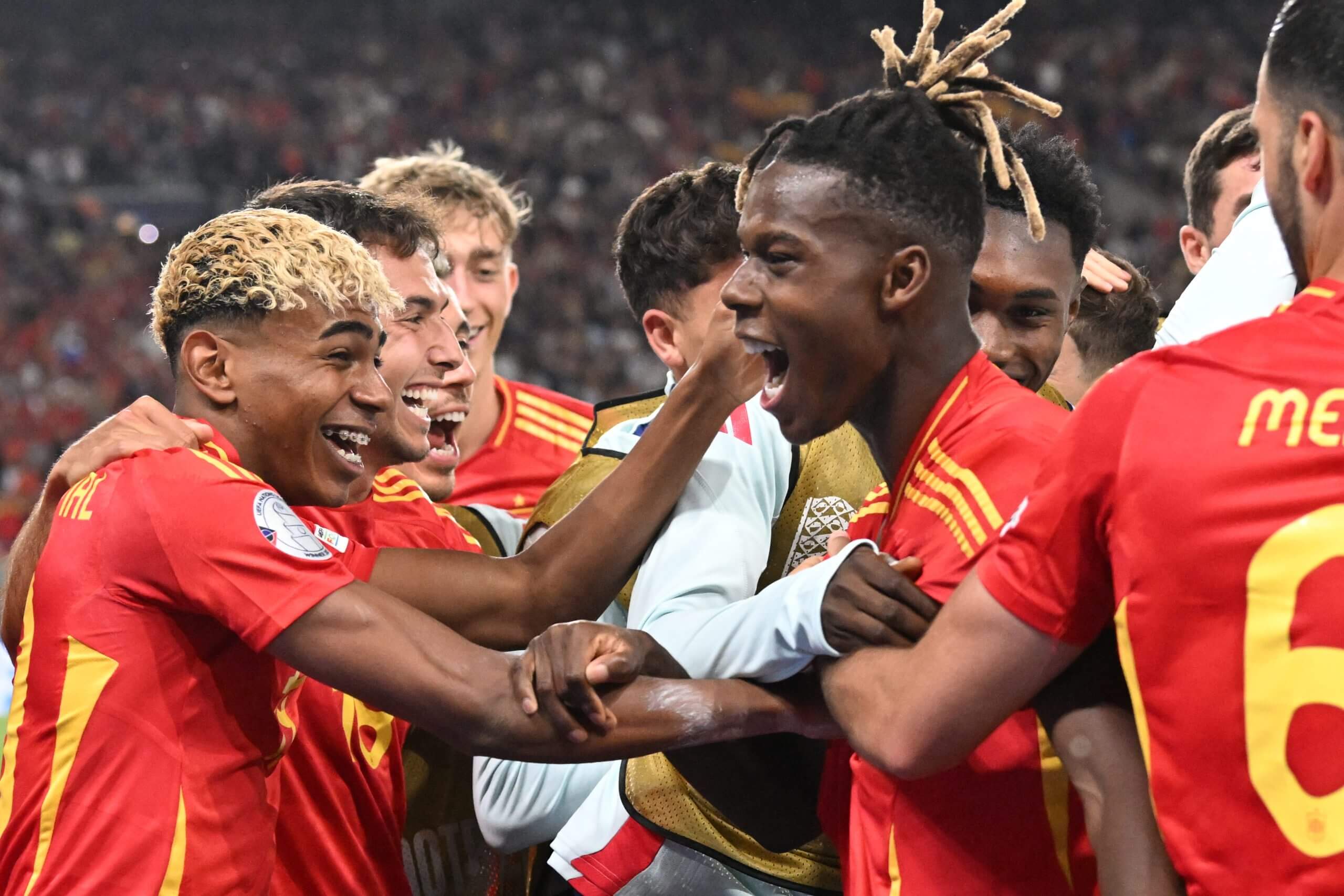 Yamal and Nico Williams celebrate during their Nations League final win in 2025