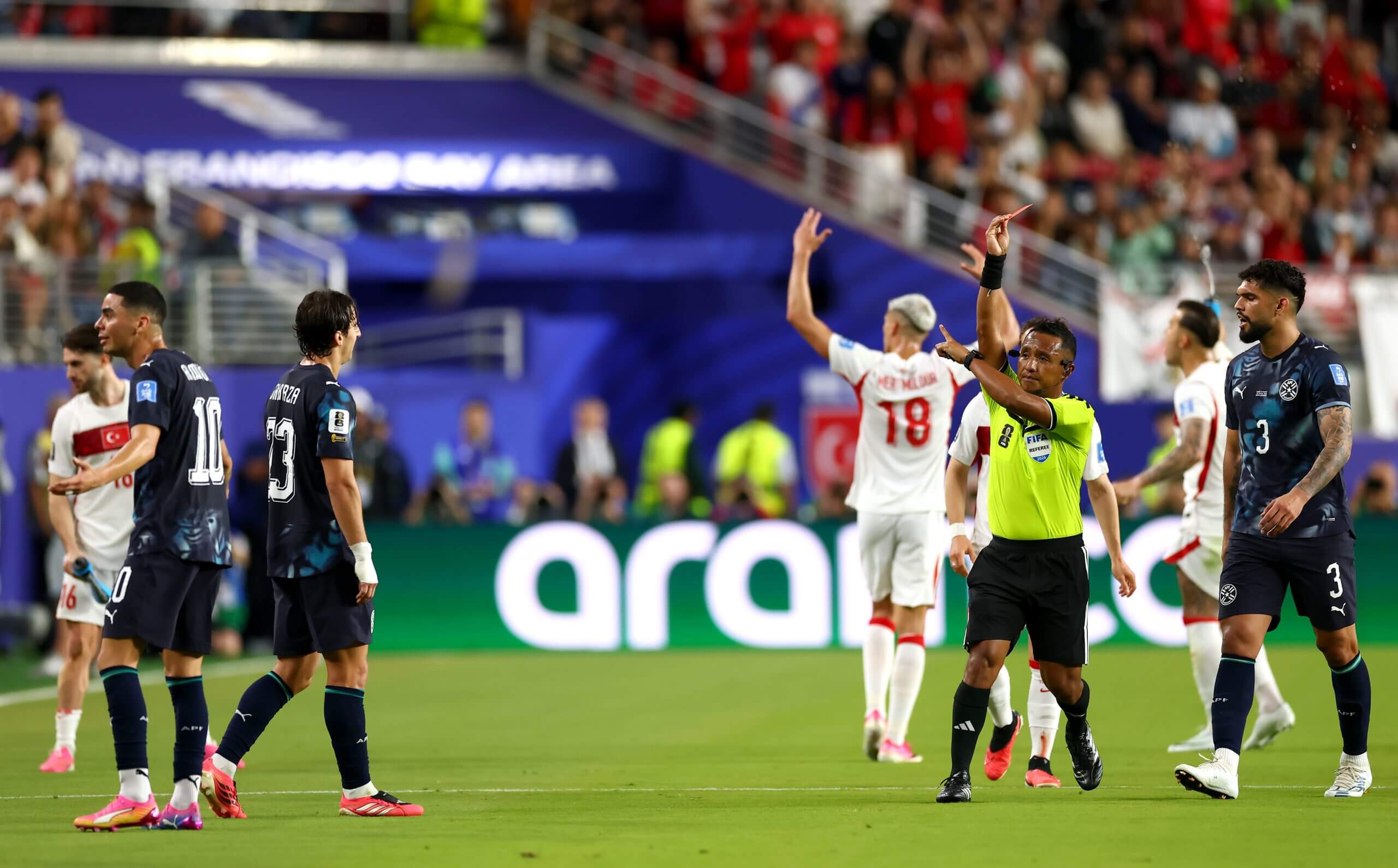 Paraguay's Miguel Almiron is sent off by referee Ivan Barton