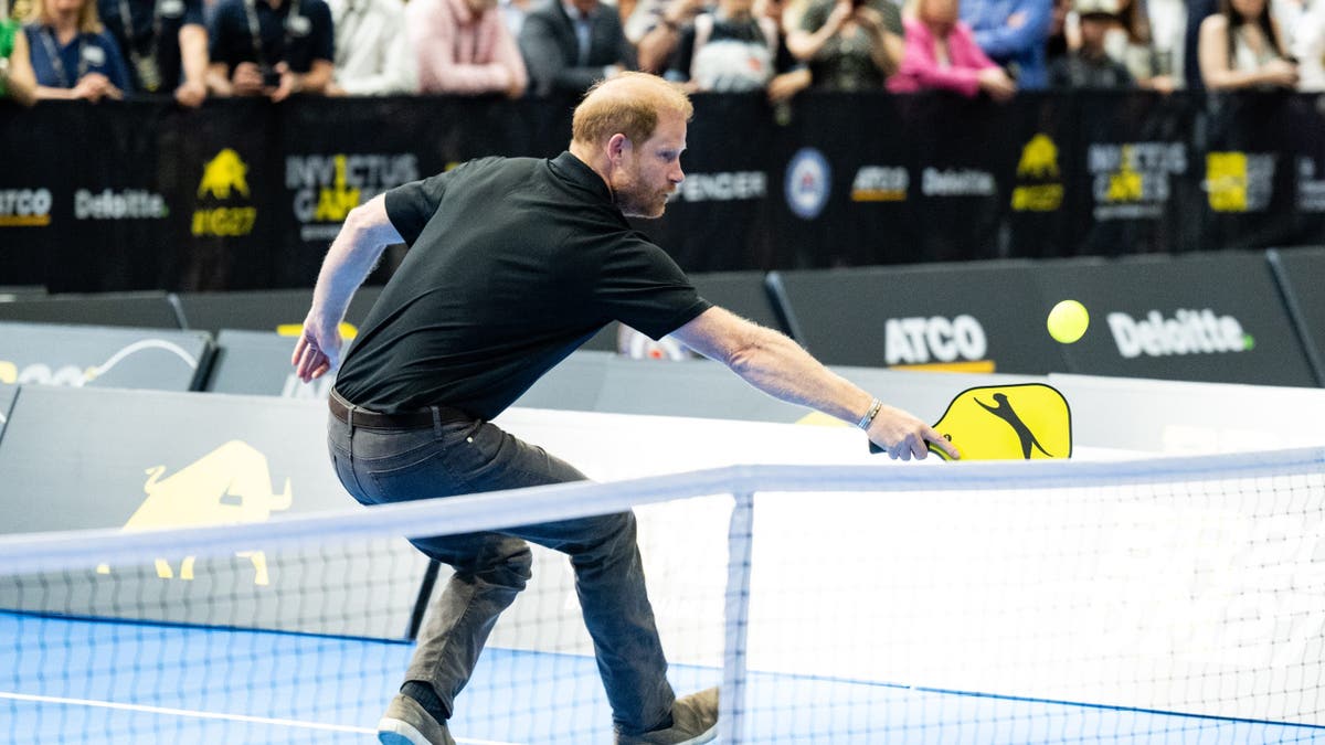 Prince Harry plays pickleball at the National Exhibition Centre.
