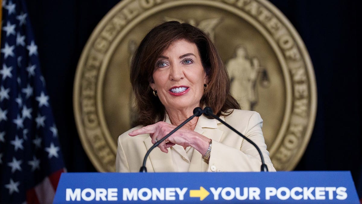 Kathy Hochul speaks during a news conference in New York.