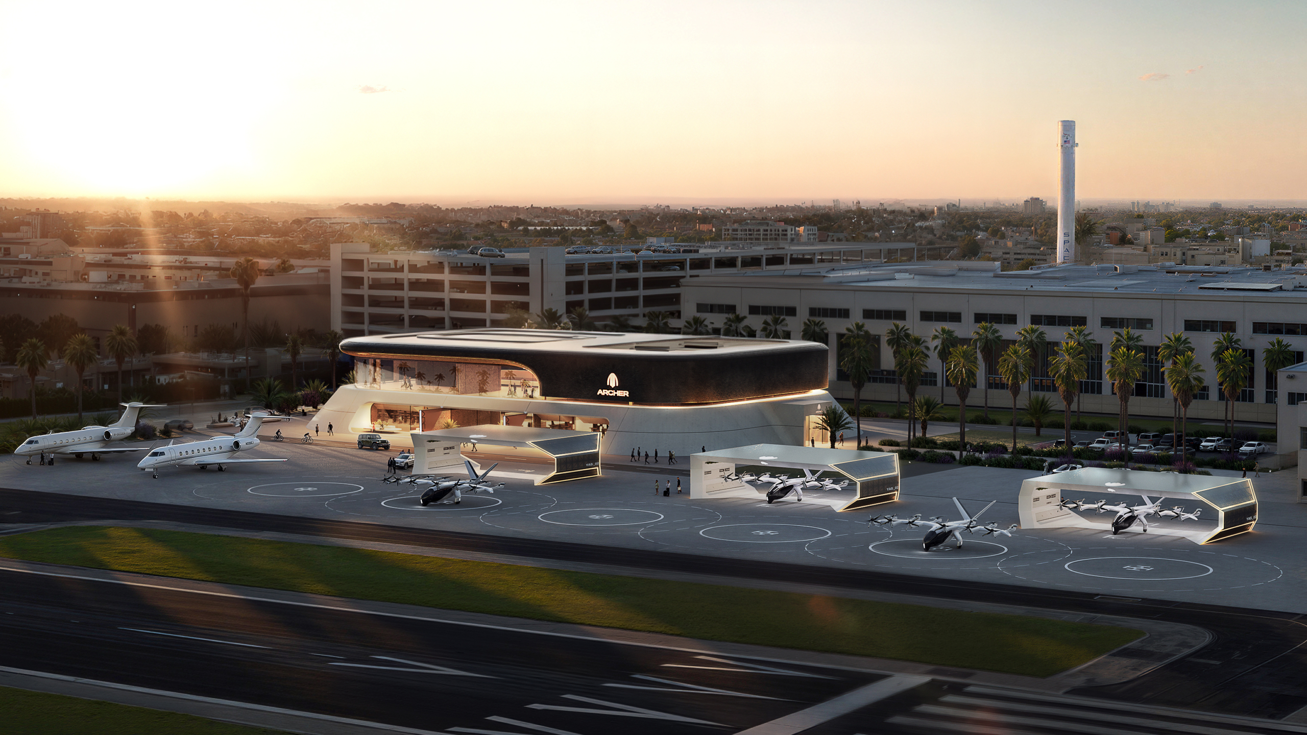 A futuristic transportation hub featuring multiple circular landing pads with small aircraft and a modern terminal building, set against an urban skyline at sunset with palm trees and office buildings visible in the background.