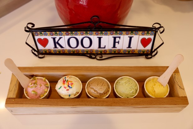 An ice cream flight of lotus and rose with pistachios, cake batter and rainbow sprinkles, South Indian filter coffee, paan with betel leaves from Hawaii, rose jam and fennel candy and mango lassi are served at Koolfi Creamery in San Leandro on April 12, 2023. (Jane Tyska/Bay Area News Group)