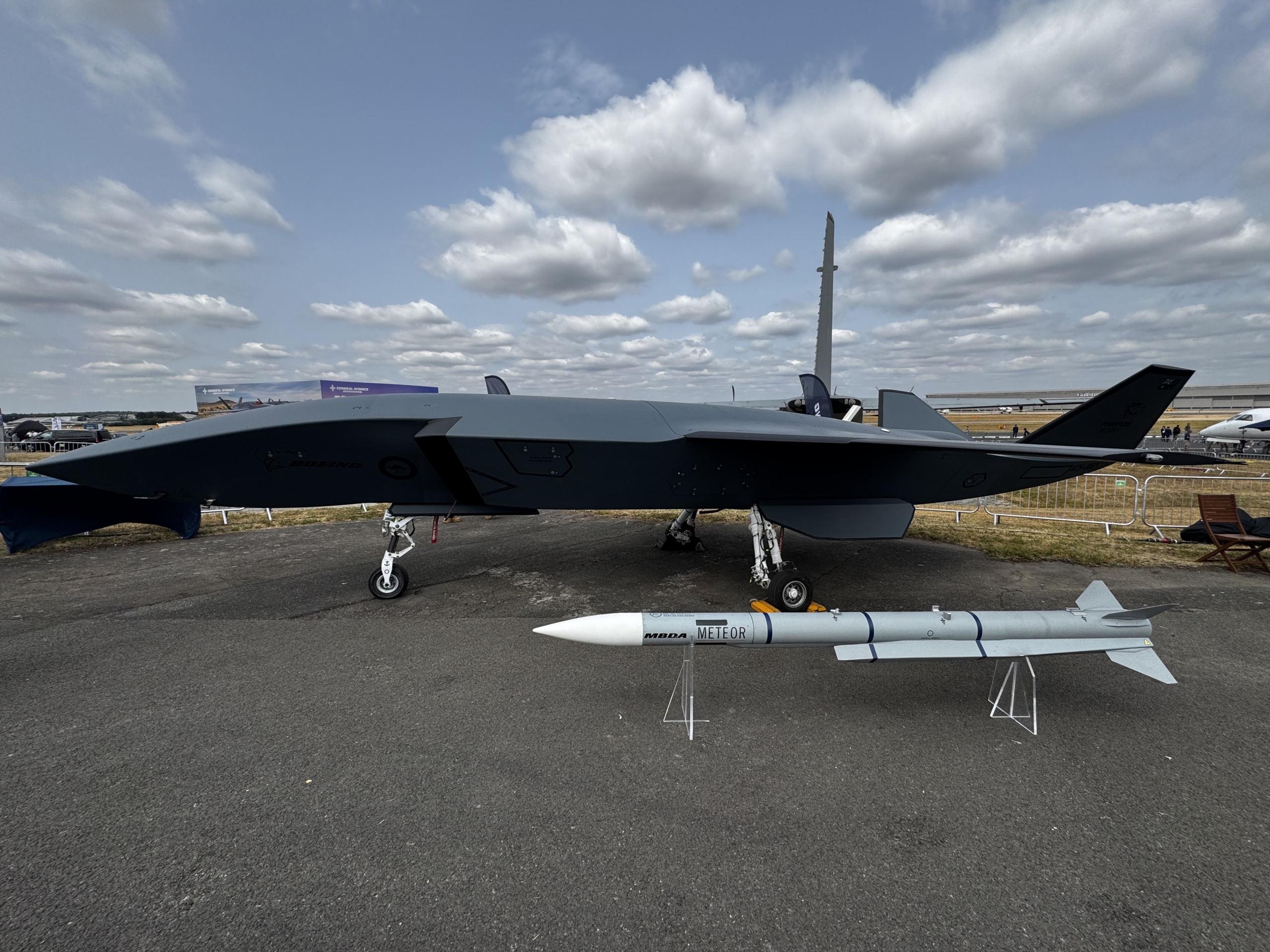 One of Boeing's early MQ-28 Ghost Bats is seen with an MBDA Meteor BVRAAM missile during the Farnborough International Airshow 2026. Image: Khalem Chapman