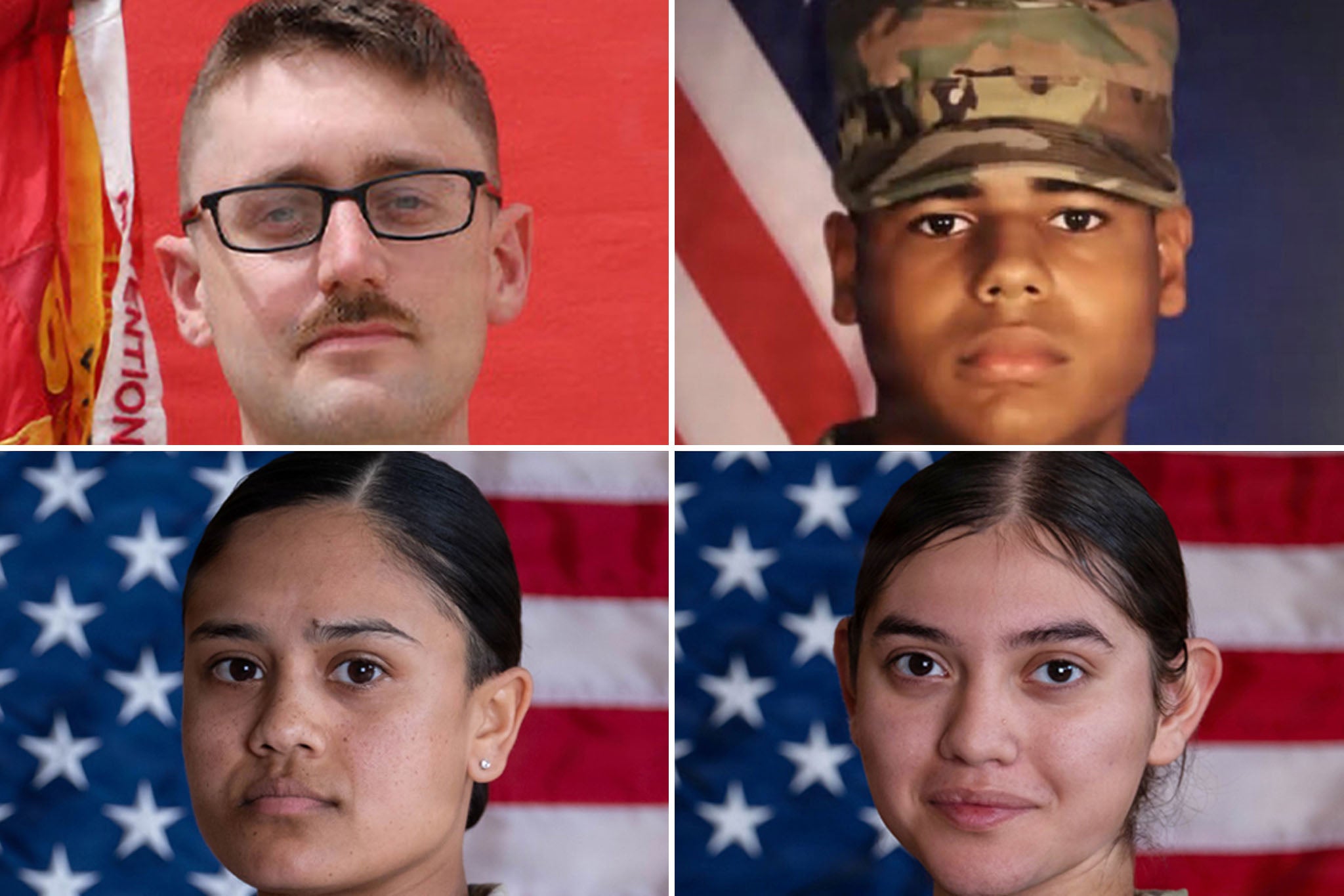 (Clockwise from left) 1st Lt. Tyler Feehan, Sgt. Michael Swinton, Sgt. Angel Rampersad and Pvt. Isabella Gonzales were all killed in Jordan