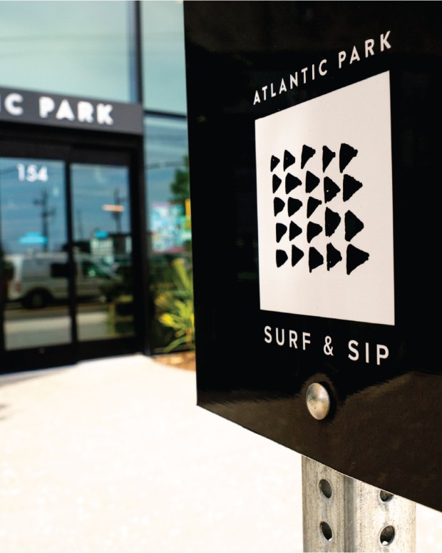 Signage marking the areas where the Surf & Sip program is permitted in Atlantic Park, allowing guests to enjoy alcoholic beverages within the newly designated commercial lifestyle center in Virginia Beach. (Courtesy/Atlantic Park)