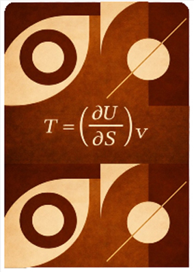An abstract graphic in warm brown and cream tones featuring geometric shapes arranged around the thermodynamic equation T = (∂U/∂S)ᵥ. Circular and curved forms appear in the upper-left and lower-left corners, while cream-colored circles intersect with diagonal lines on the right side. The mathematical expression is centered in the composition, emphasizing the relationship between temperature, internal energy, and entropy.