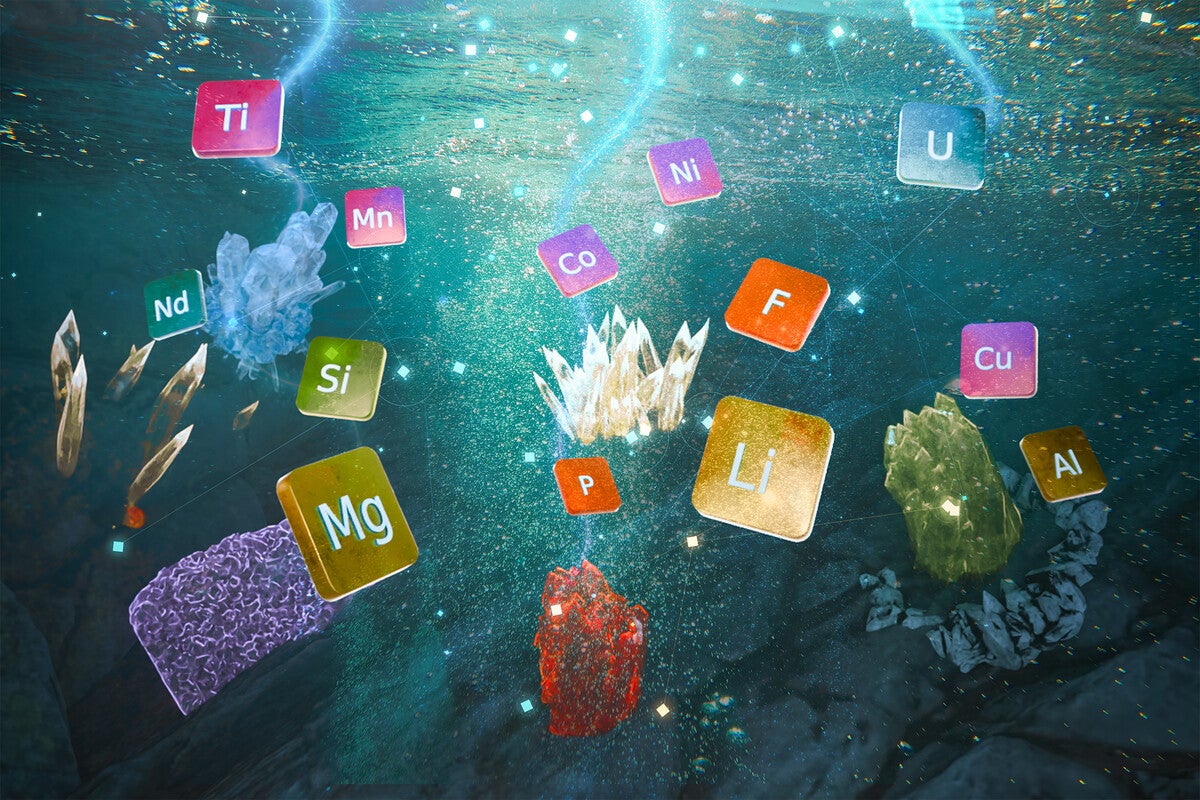 Illustration: Crystals and individual elements floating in water