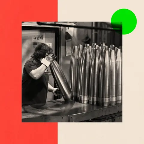 BBC A treated black-and-white image of missiles being lined up on a table by a gloved factory worker