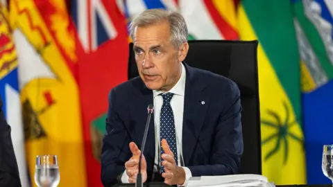 Bloomberg via Getty Images Mark Carney, in a blue suit and polka dot blue tie, is seated in a char and speaks into a microphone. Behind him are a number of flags hanging in multiple bright colours, mainly yellow, red, blue and green.