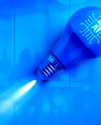 A glowing light bulb with AI circuit symbol launches with a company boardroom in the background