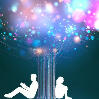 Two people sit on opposite sides of a tree made of AI/digital components