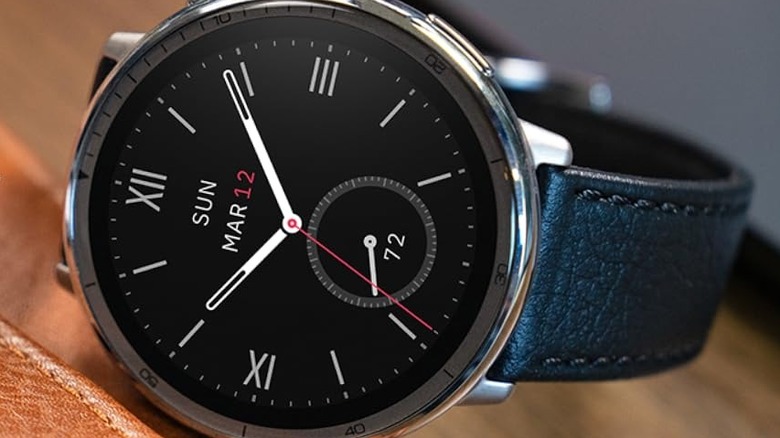 The face of the Amazfit Active 2 Premium smartwatch with a leather strap.