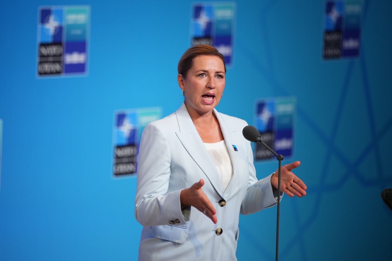 Denmark's Prime Minister Mette Frederiksen speaks as she arrives for the NATO summit in Ankara, Turkey, on Wednesday.